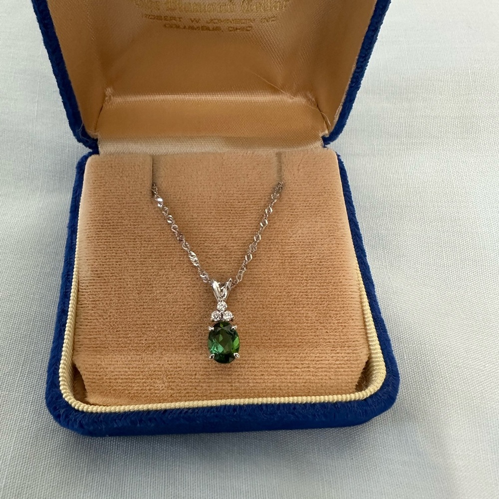 Elegant Green Tourmaline and Diamond Pendant Necklace set in 14k white gold